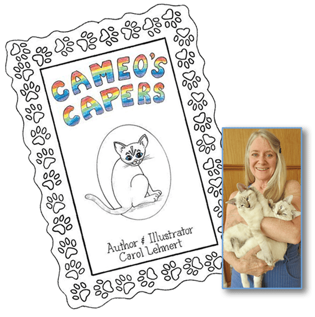 Front book cover and photo of Carol and kittens